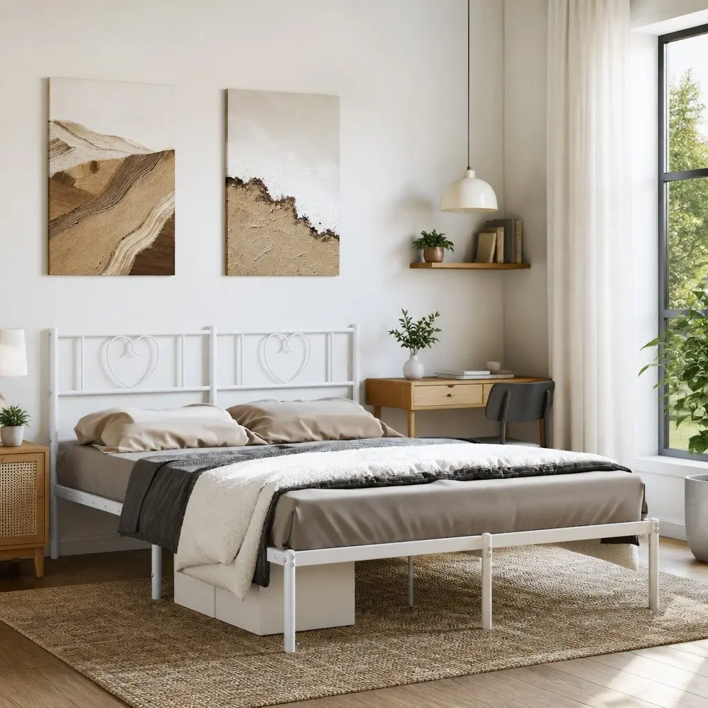 White Metal Bed Frame with Headboard 150x200 cm