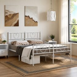 Metal Bed Frame Specifications: 150x200 cm White with Slatted Base