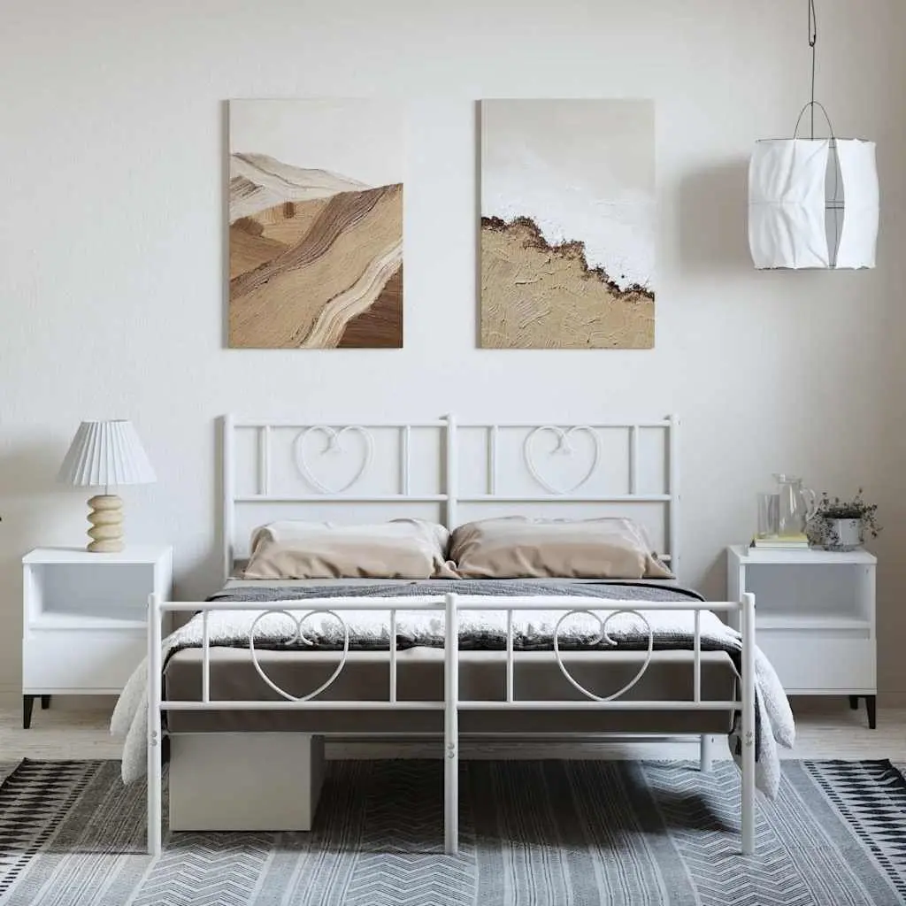 Metal Bed Frame 150x200 cm White Footboard Slatted Base Bedroom Furniture