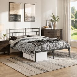 Metal Bed Frame 135x190 cm with Headboard Slatted Base Black Bedroom Furniture