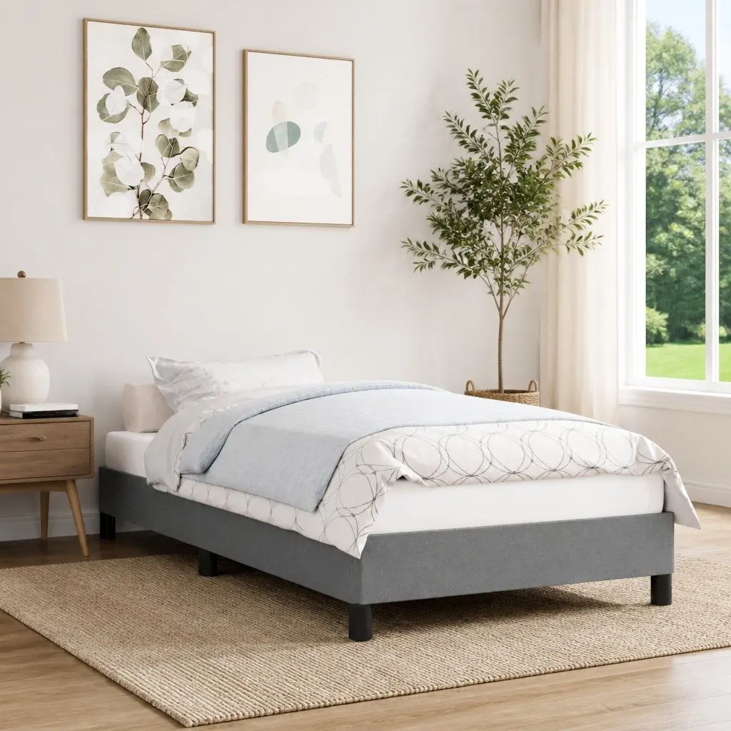 Bed Frame King Single Bedroom Grey Fabric Upholstered Plywood Slats Sturdy Support Legs