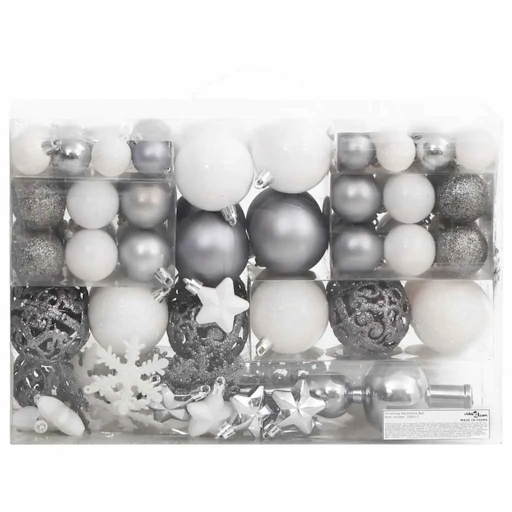 Christmas Bauble Set 111 Piece White Grey Shatterproof Ornaments Tree