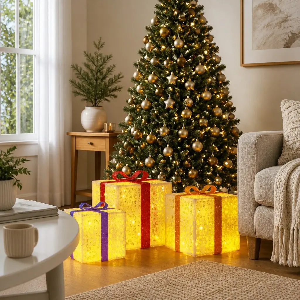 Christmas Boxes Set of 3 Warm White LED Lighted Holiday Decoration for Home and Parties