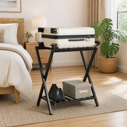 Bamboo Luggage Rack: Two-Shelf Black Storage Stand Dimensions