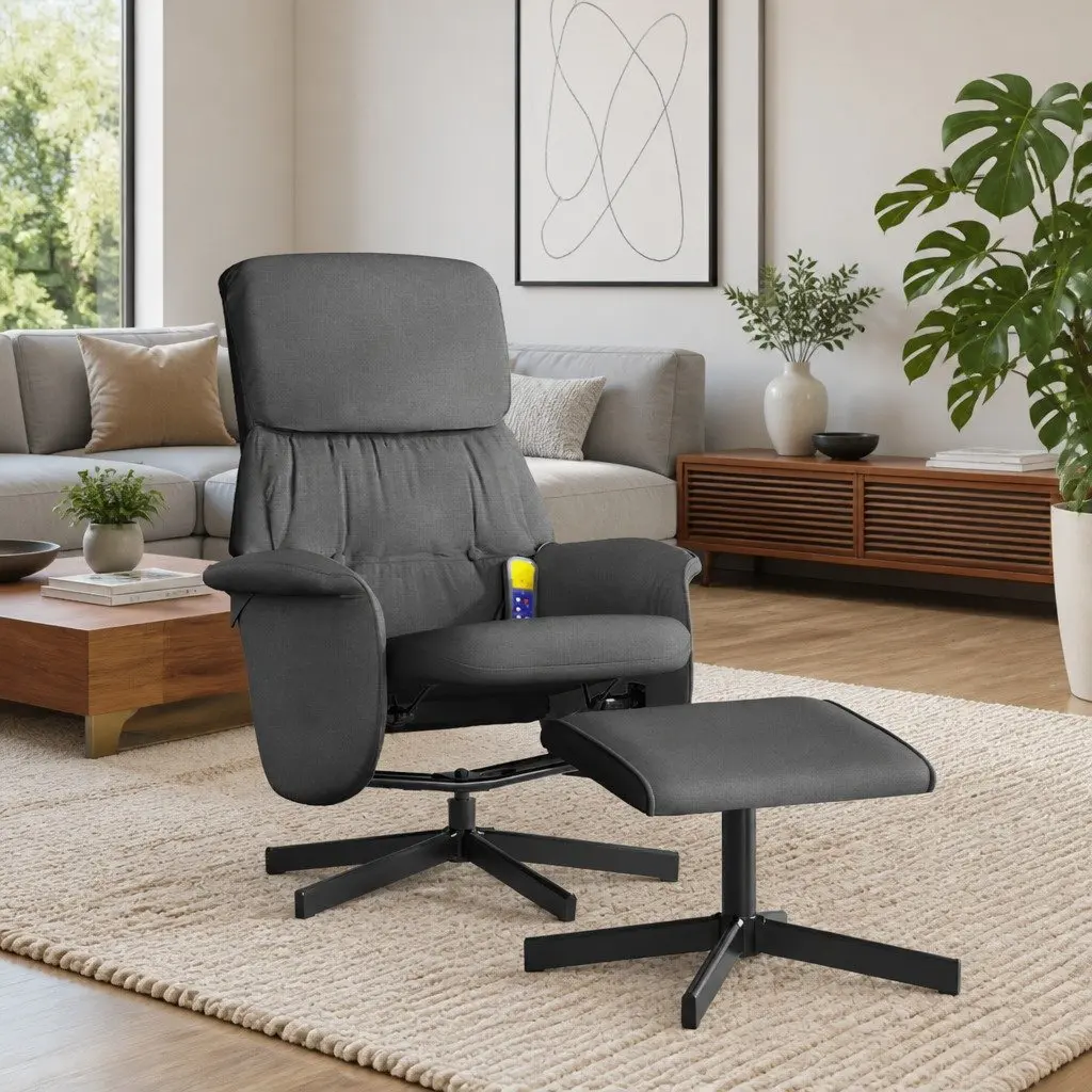 Massage Recliner Chair with Footstool for Living Room Dark Grey Fabric 6 Point Vibration Swivel