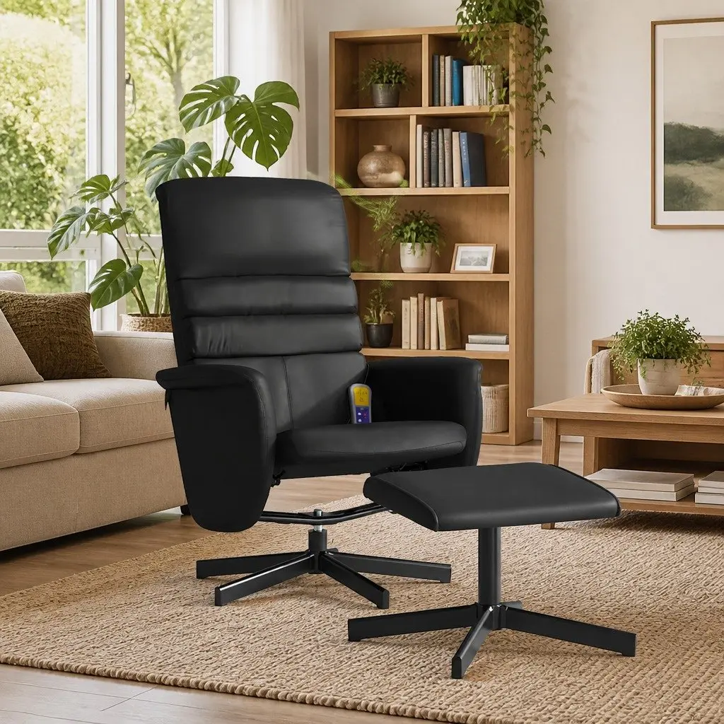 Massage Recliner Chair for Living Room Black Faux Leather with Footstool