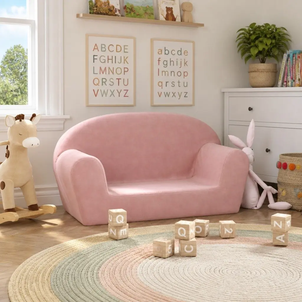 Kids' Sofa for Playroom 2-Seater Pink Soft Plush