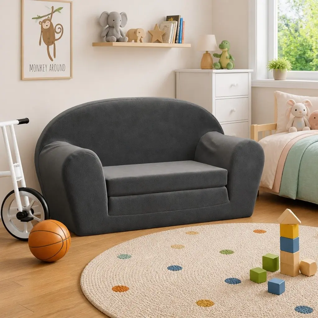 Kids Sofa Bed for Playroom 2-Seater Anthracite Soft Plush Foldable Armchair Mini Bed