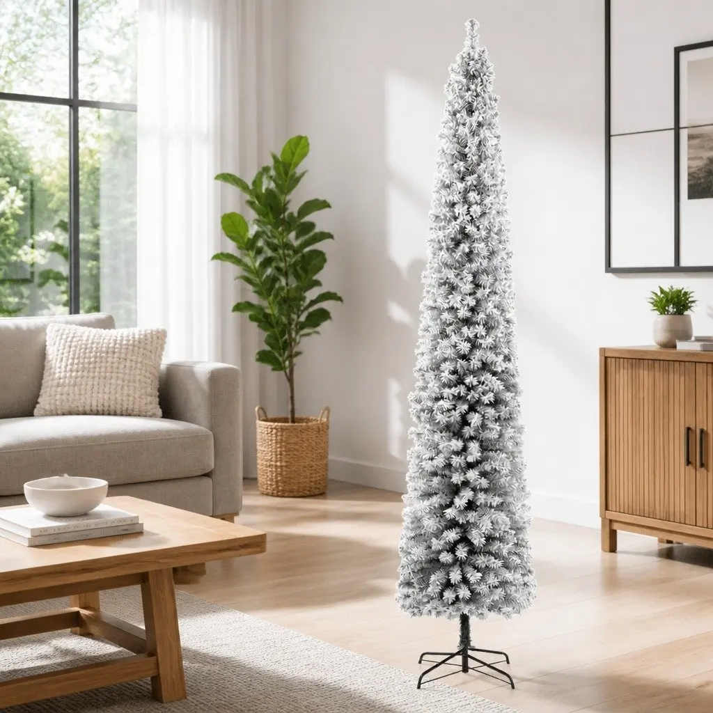 Slim Christmas Tree for Holiday Seasonal Decoration 270cm White Flocked Snow PVC