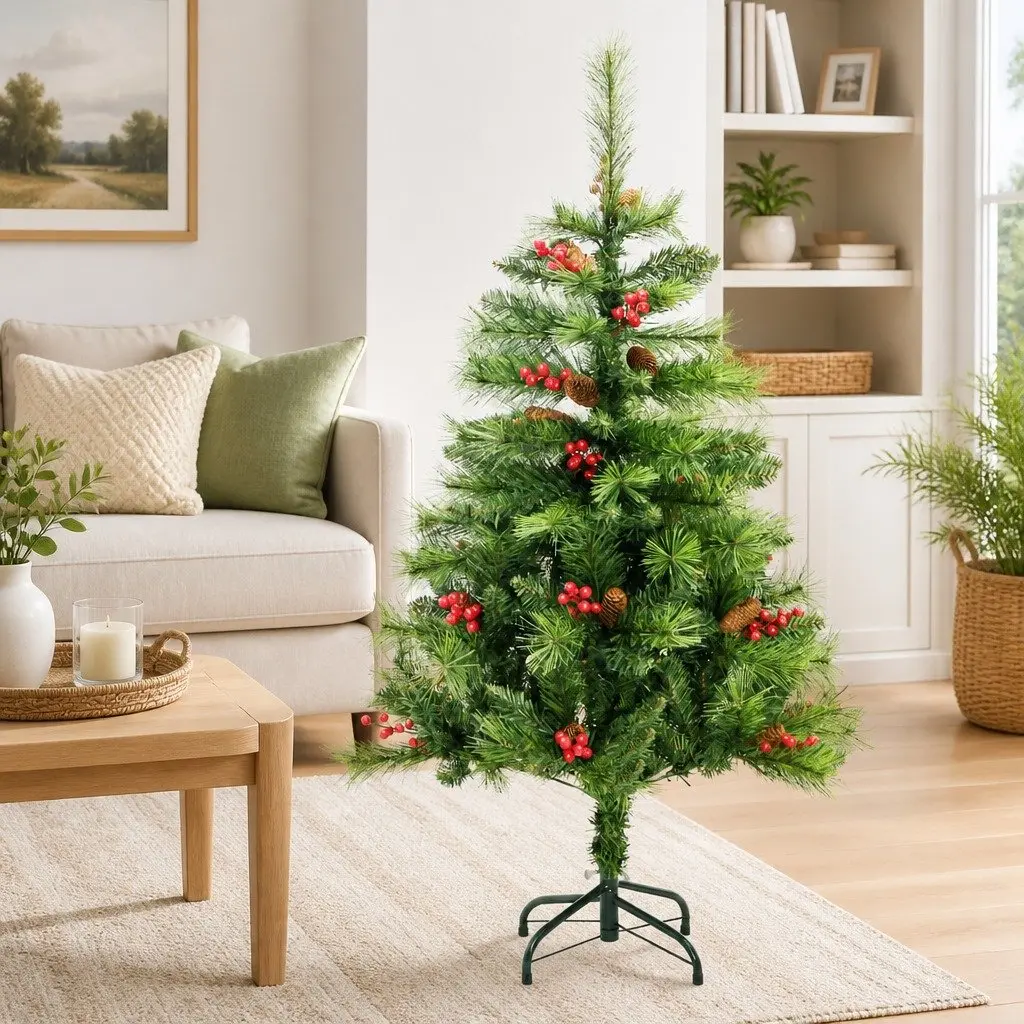 Artificial Hinged Christmas Tree 150cm Green with Cones Berries Holiday