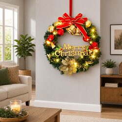 Christmas Wreath 45cm Green with 20 LED Lights Festive Holiday Door Wall
