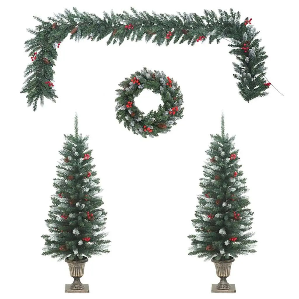 4 Piece Christmas Door Decoration Set with LED Lights Wreath Garland Trees