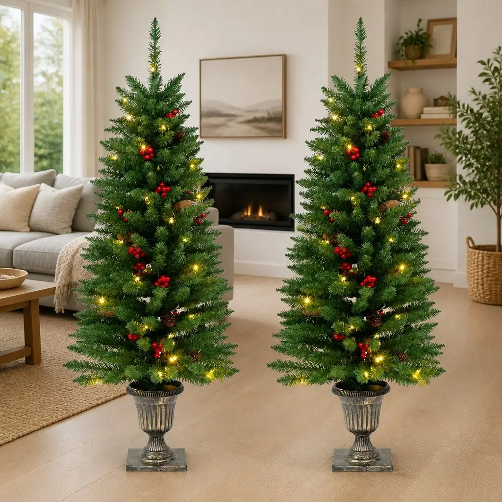 Artificial Christmas Trees 120cm Green for Home Decoration 2 Piece LED Lighted