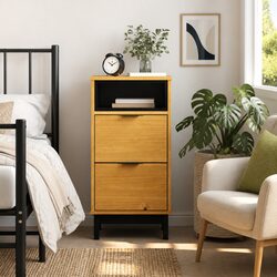 Bedside Cabinet Brown Solid Pine Wood Nightstand 2 Drawers Storage Table
