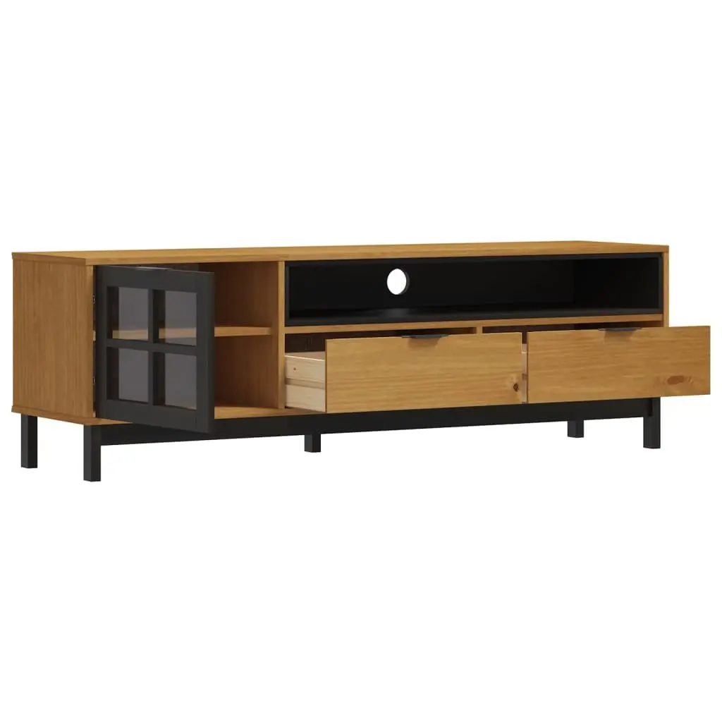 TV Cabinet with Glass Door Brown Solid Pine Wood Media Unit Storage 158x40x50cm