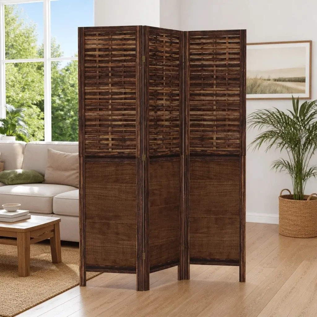 Room Divider Indoor 3 Panels Brown Folding Privacy Screen Wood Frame