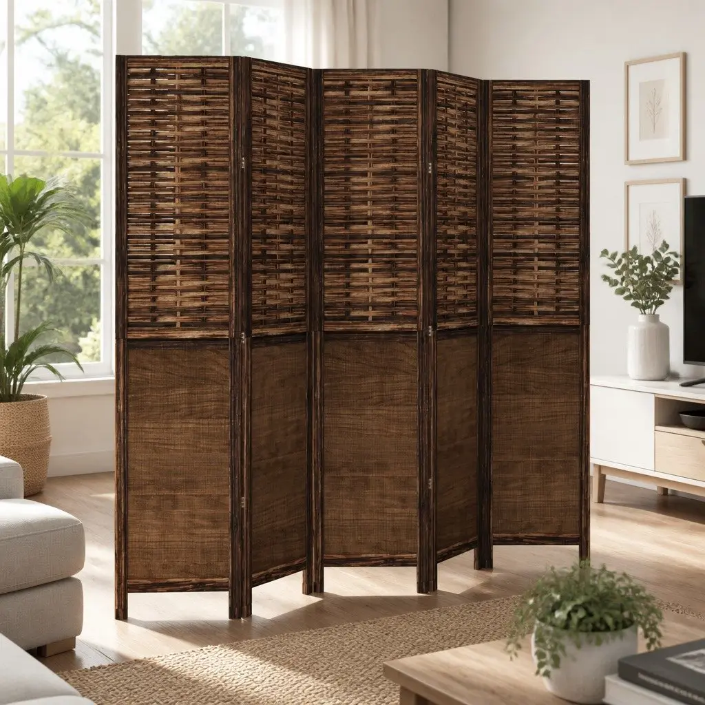 Room Divider Indoor 5 Panels Brown Solid Wood Paulownia Folding Privacy Screen