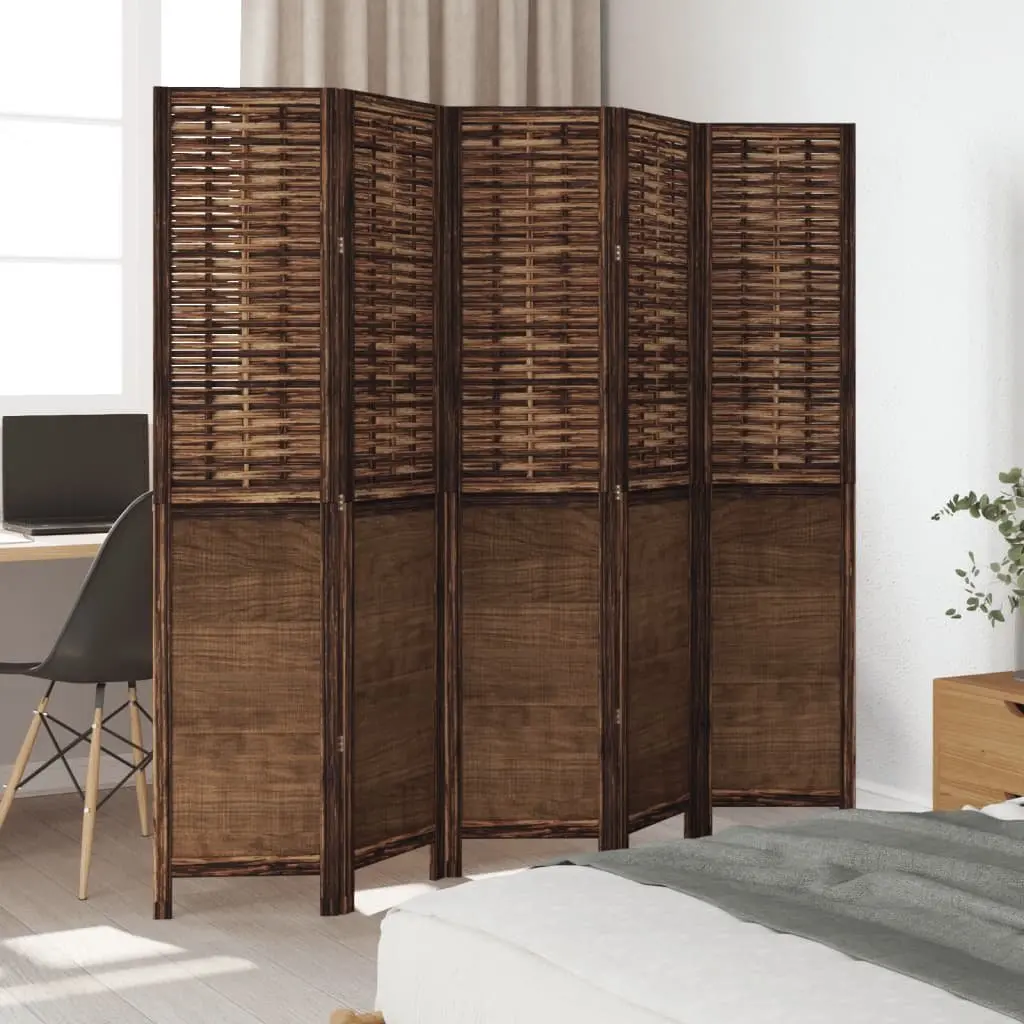 Room Divider Indoor 5 Panels Brown Solid Wood Paulownia Folding Privacy Screen