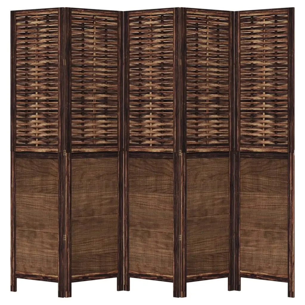 Room Divider Indoor 5 Panels Brown Solid Wood Paulownia Folding Privacy Screen