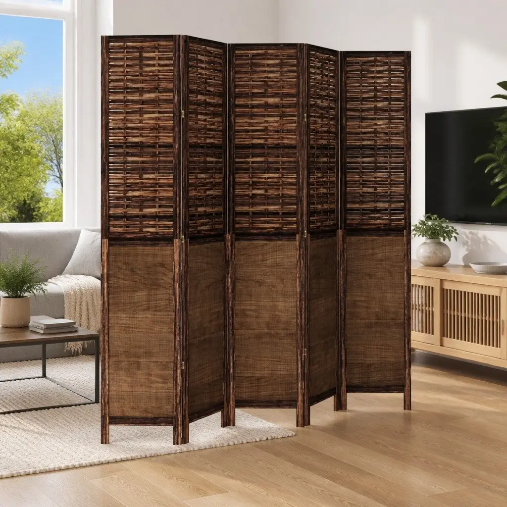 Room Divider for Bedroom Living Room Office 5 Panels Brown Solid Wood Paulownia Folding Privacy Screen