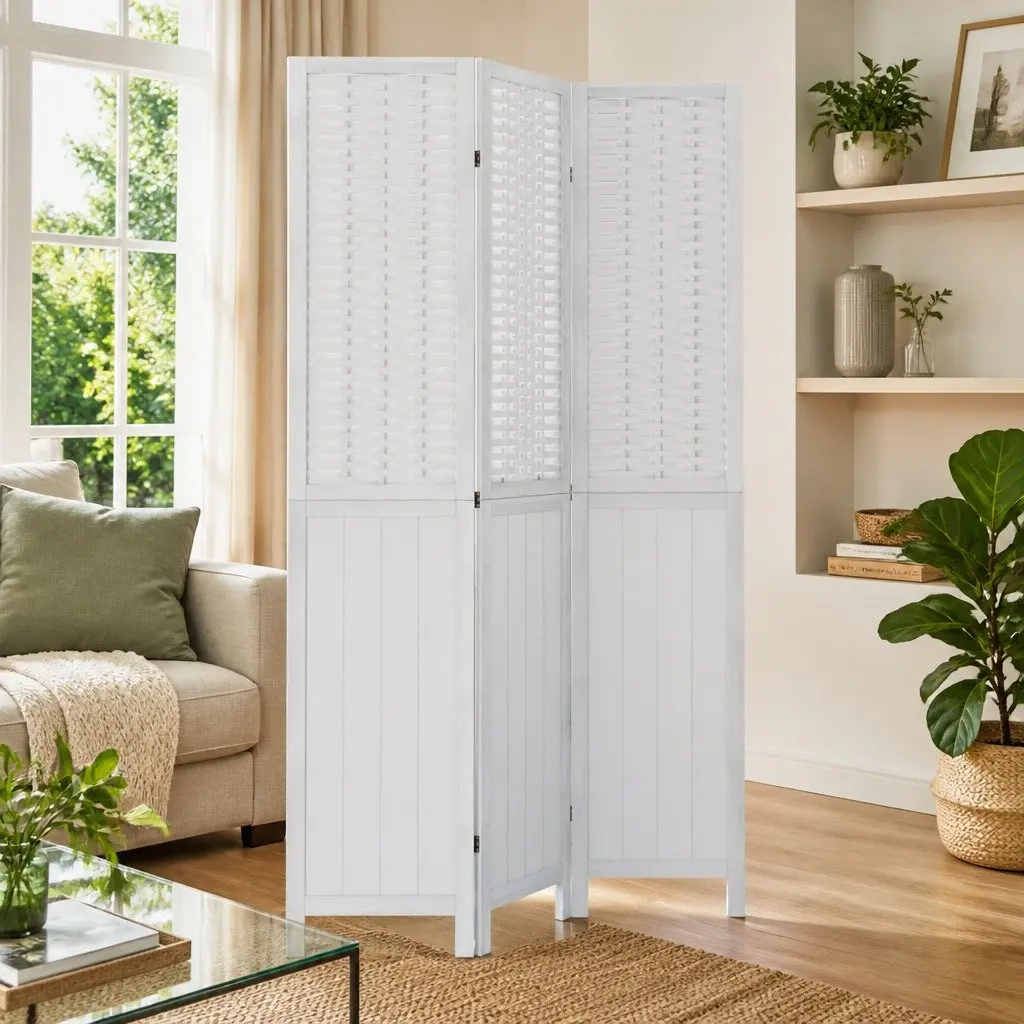 3-Panel White Room Divider with Bamboo Strips