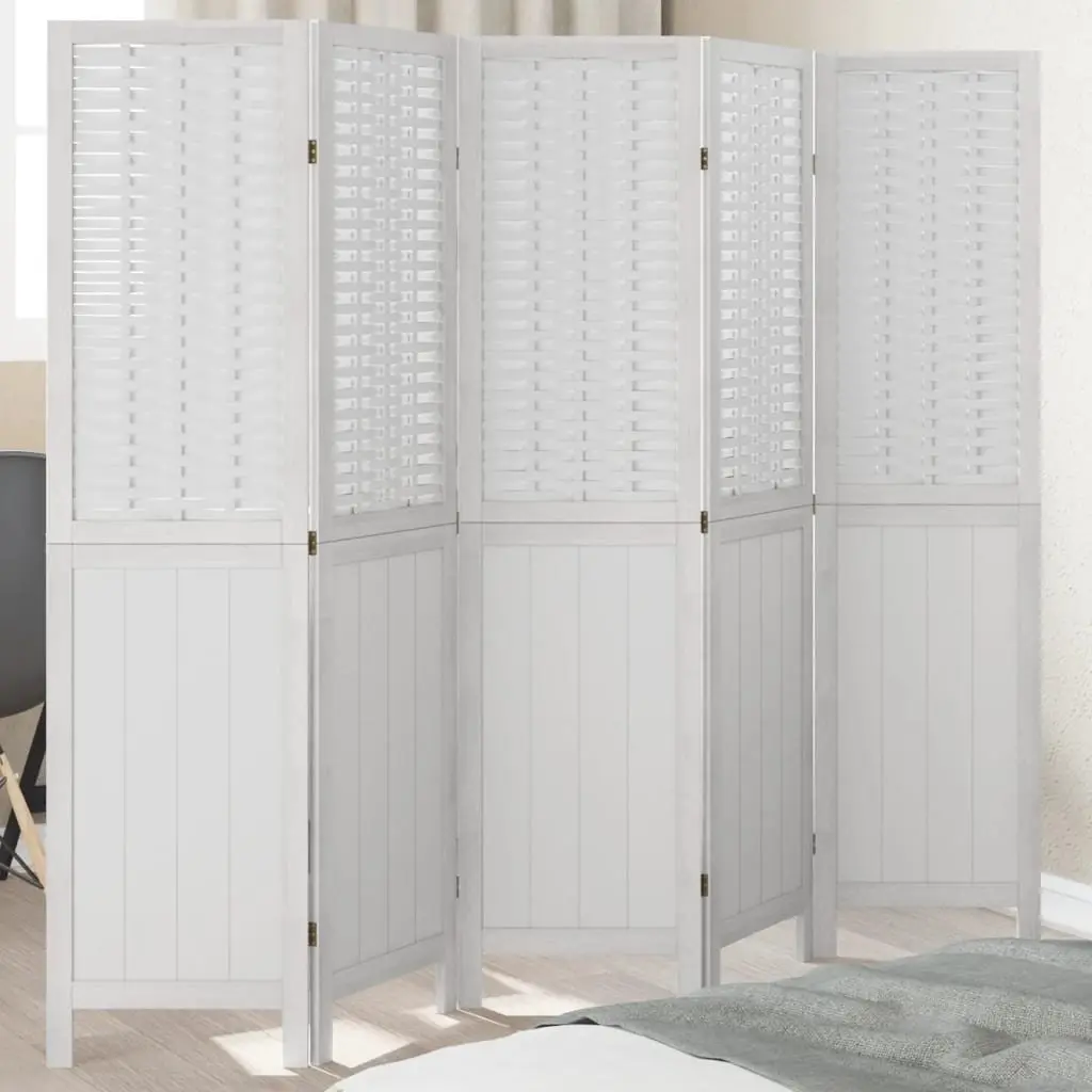 5-Panel White Folding Room Divider with Paulownia Wood Frame