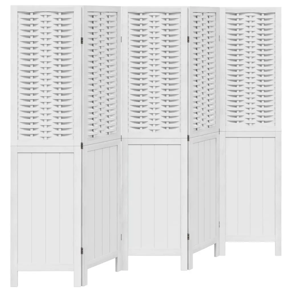 5-Panel White Folding Room Divider with Paulownia Wood Frame