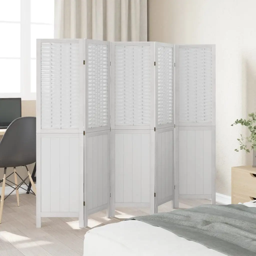 5-Panel White Folding Room Divider with Paulownia Wood Frame