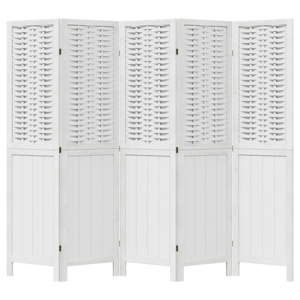 5-Panel White Folding Room Divider with Paulownia Wood Frame
