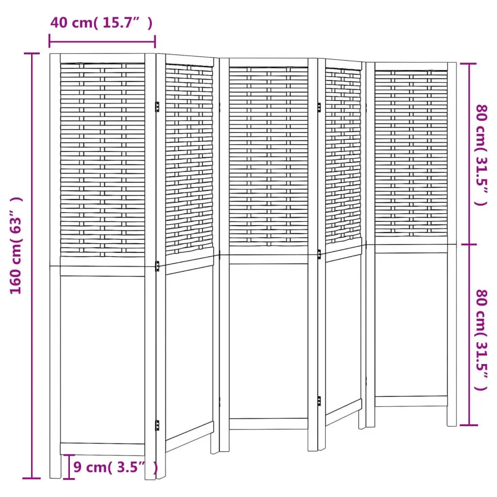 5-Panel White Folding Room Divider with Paulownia Wood Frame