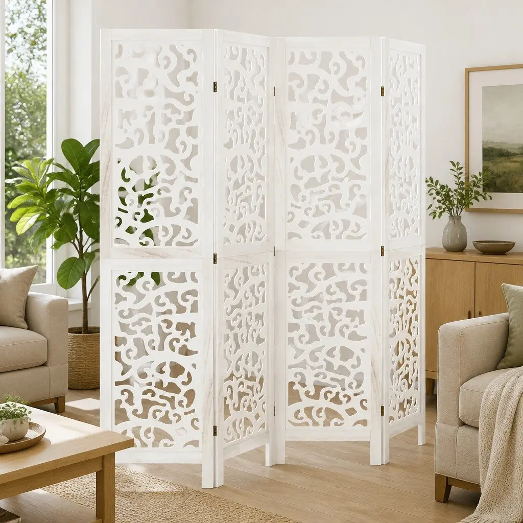 4-Panel White Folding Privacy Screen with Solid Wood Frame