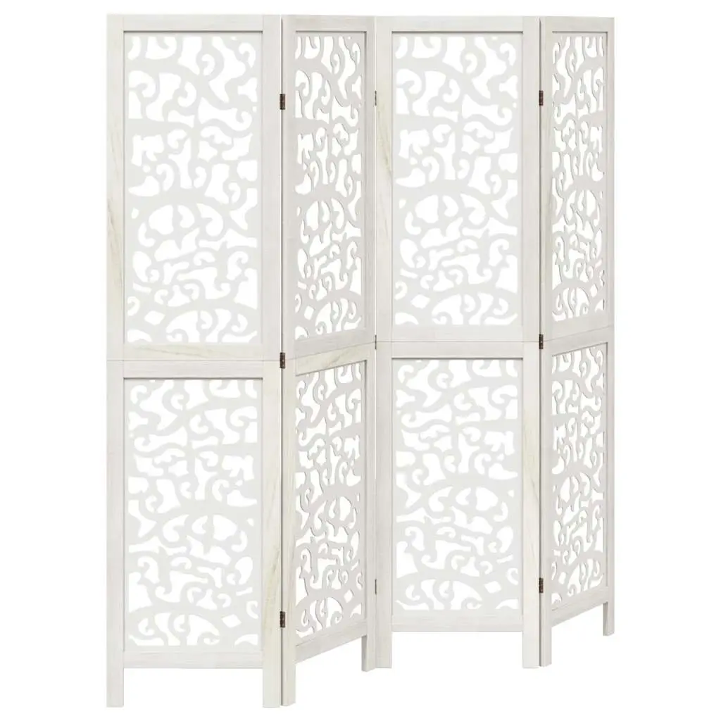 4-Panel White Folding Privacy Screen with Solid Wood Frame