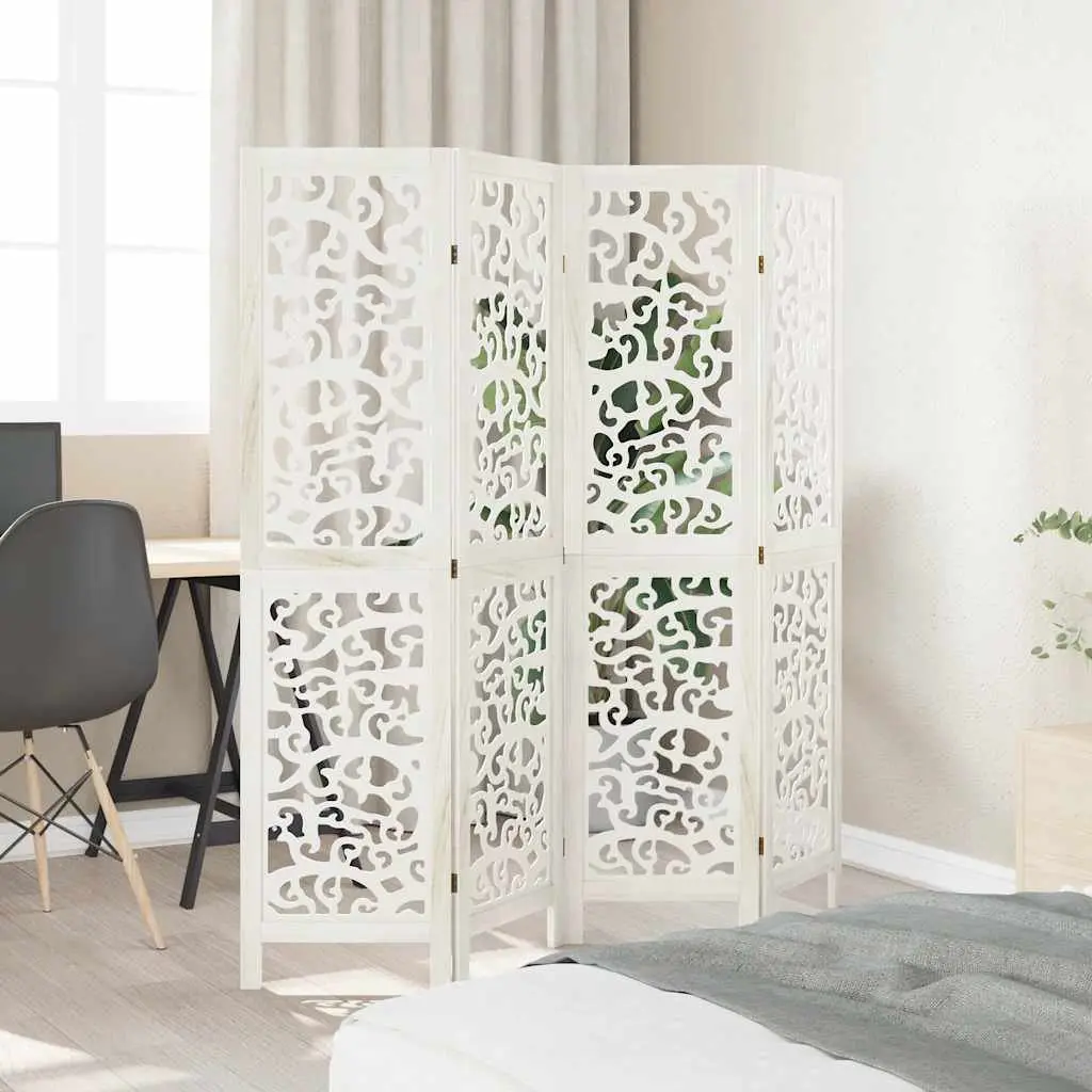 4-Panel White Folding Privacy Screen with Solid Wood Frame