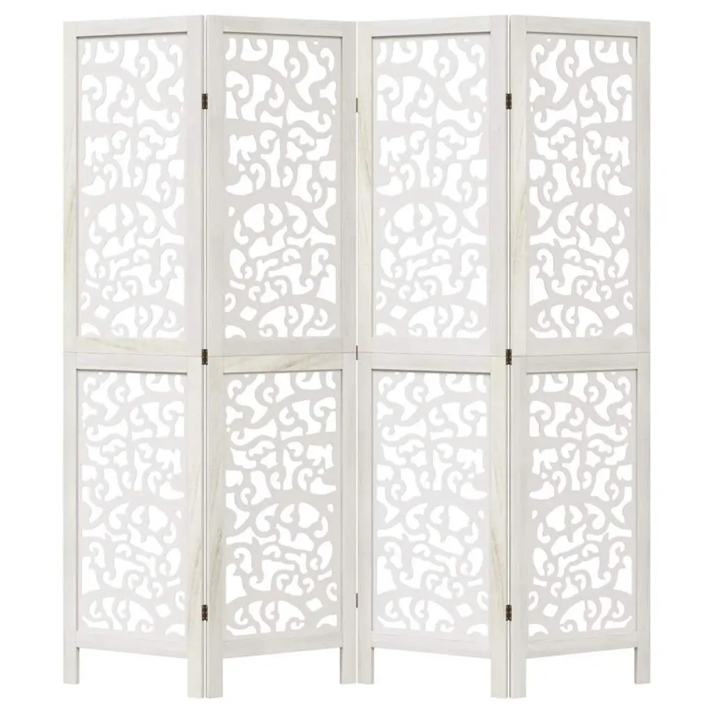 4-Panel White Folding Privacy Screen with Solid Wood Frame