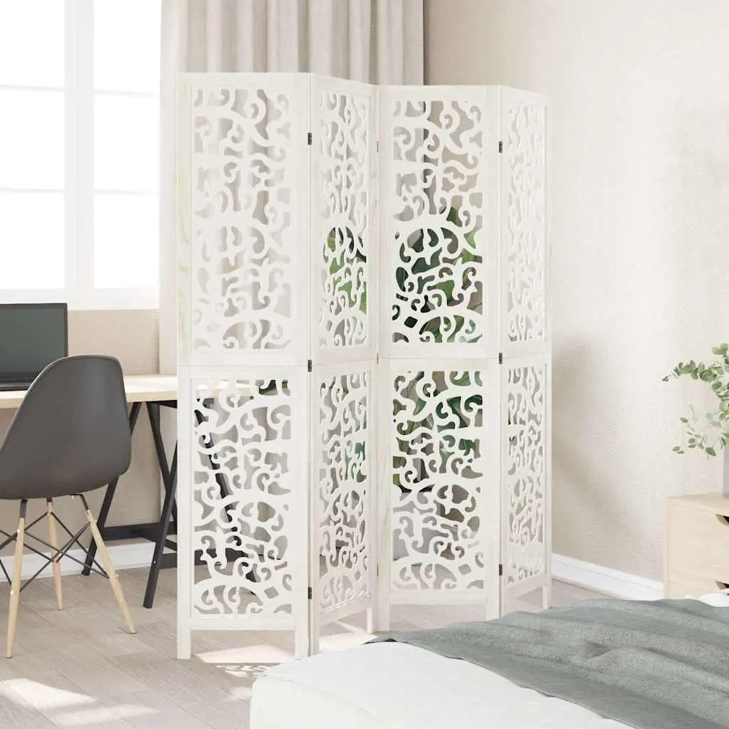 Room Divider 4 Panel White Folding Paulownia Wood Screen Privacy Partition