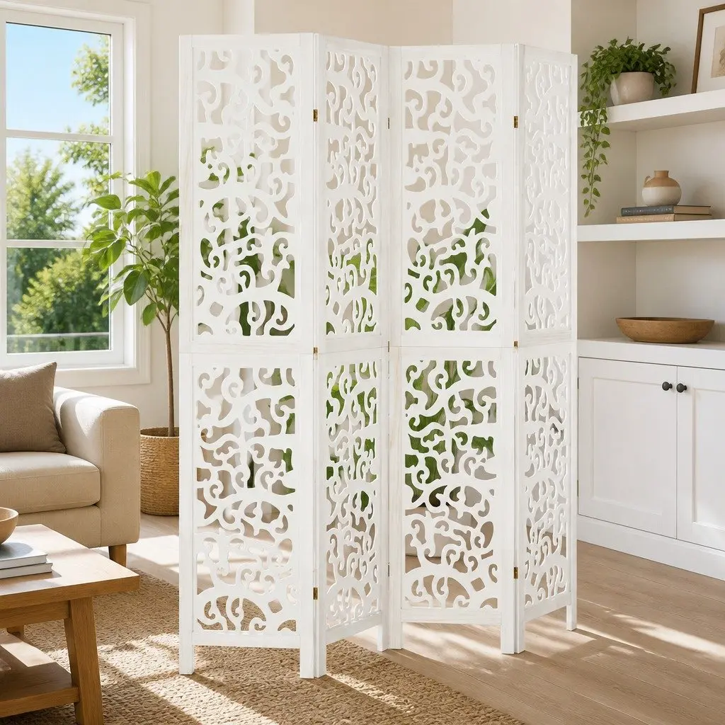 Room Divider 4 Panels White Folding Privacy Screen Partition Indoor Decorative