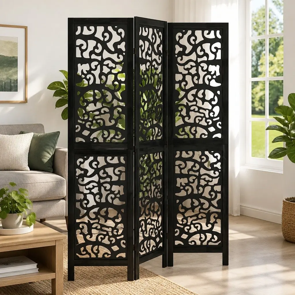 Room Divider 3 Panel Folding Screen Privacy Partition Indoor Decor Black Wood