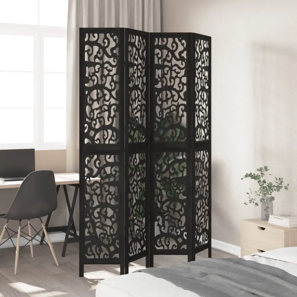 4 Panel Room Divider Black Solid Wood Paulownia Folding Privacy Screen Partition