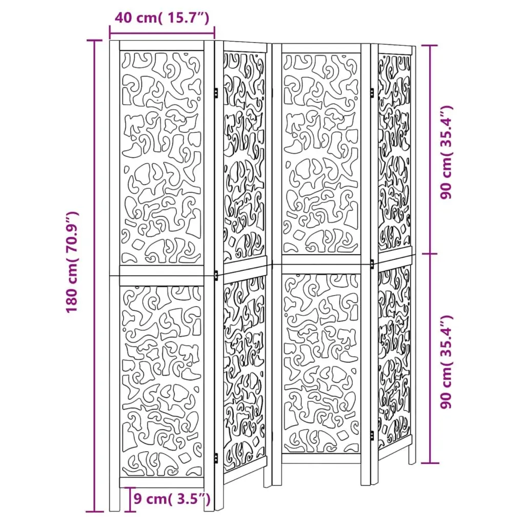 4 Panel Room Divider Black Solid Wood Paulownia Folding Privacy Screen Partition
