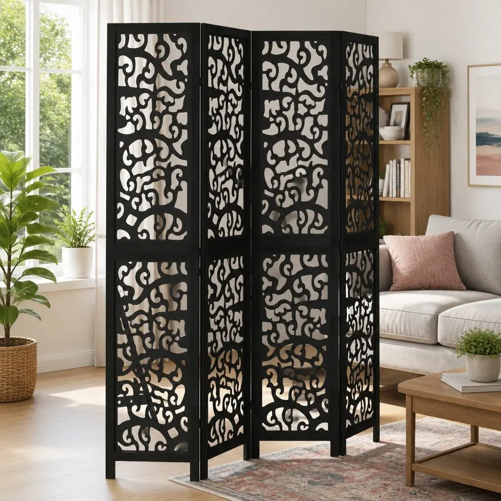 Room Divider Indoor 4 Panels Black Solid Wood Paulownia Folding Privacy Screen