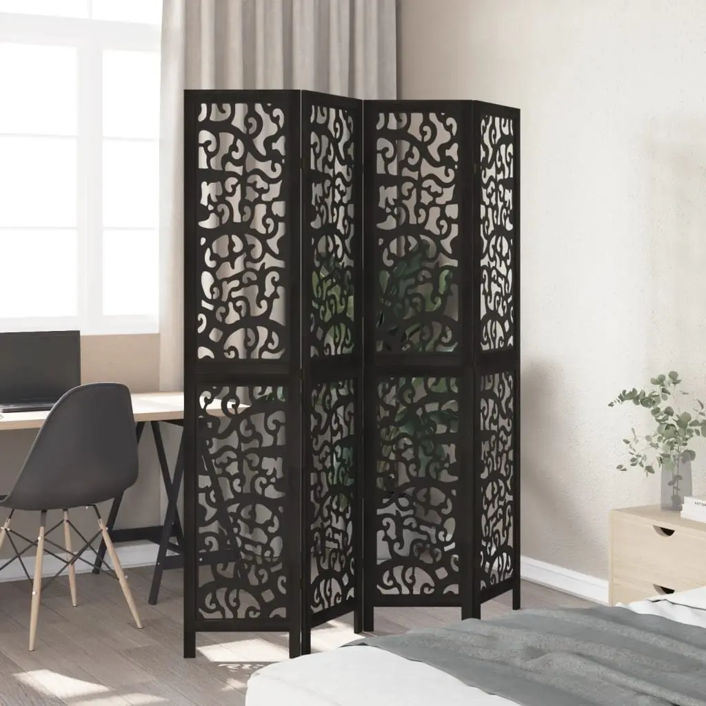 Room Divider Indoor 4 Panels Black Solid Wood Paulownia Folding Privacy Screen