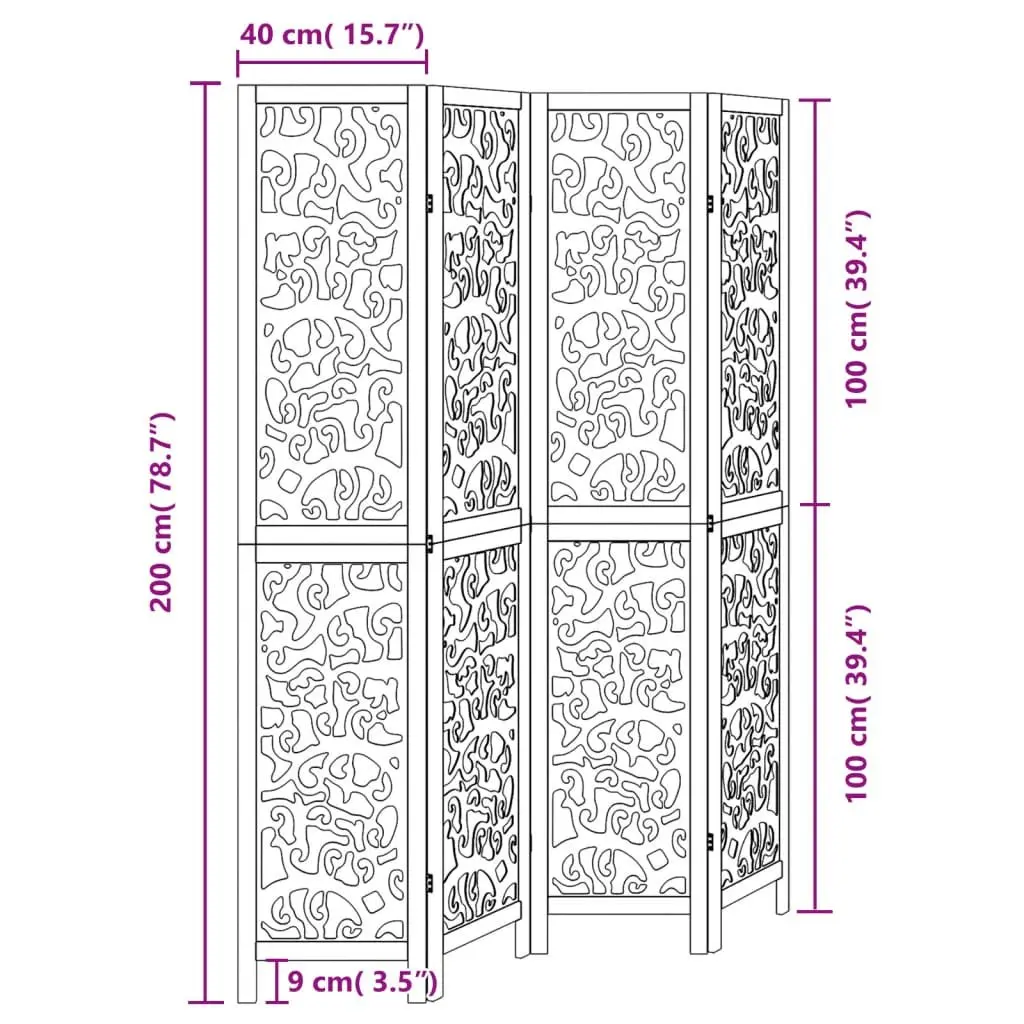 Room Divider Indoor 4 Panels Black Solid Wood Paulownia Folding Privacy Screen