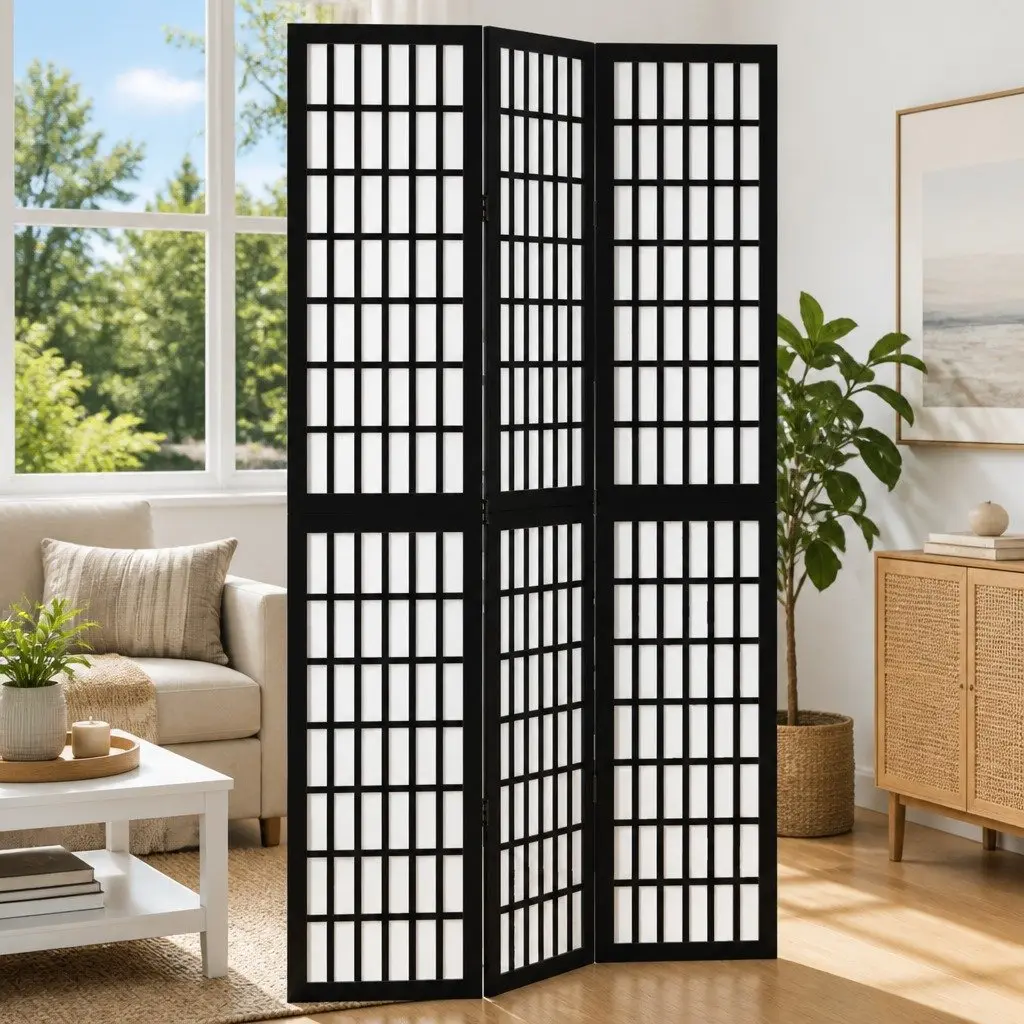 Room Divider 3 Panels Black Folding Privacy Screen Indoor Partition Hinged