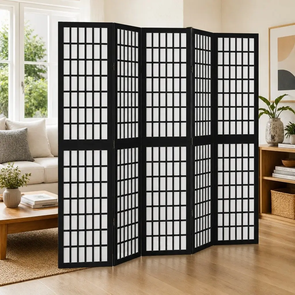 Room Divider Indoor 5 Panel Black Paulownia Wood Folding Screen Privacy Partition