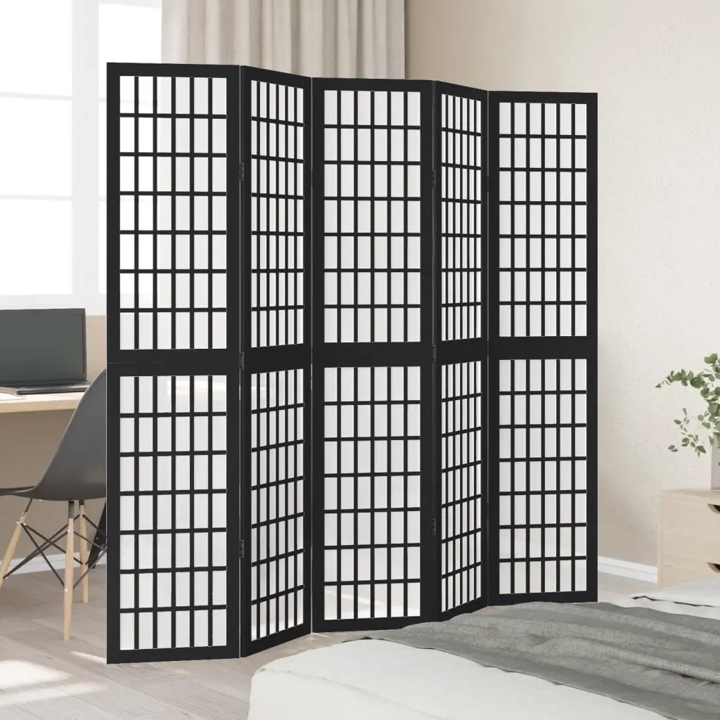Room Divider Indoor 5 Panel Black Paulownia Wood Folding Screen Privacy Partition
