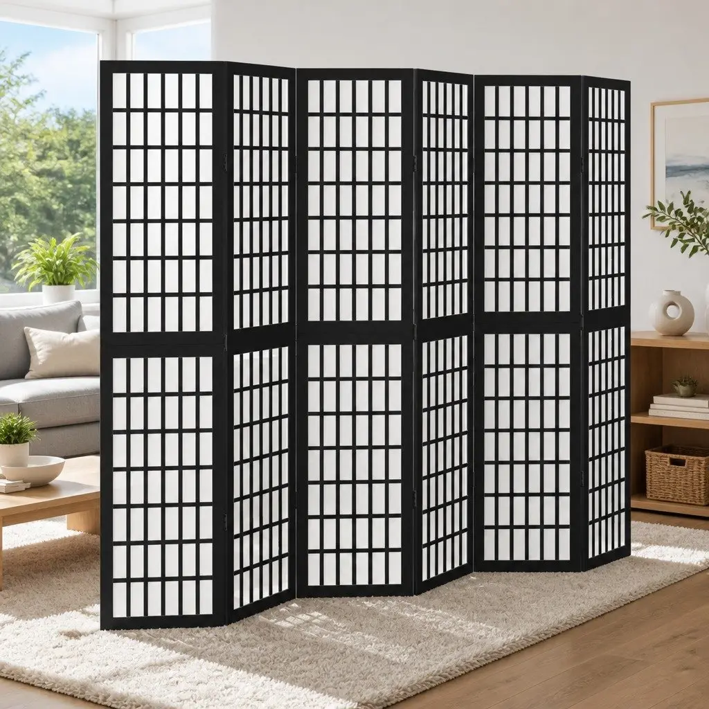 Room Divider Indoor 6 Panels Black Folding Privacy Screen Partition Wood Frame