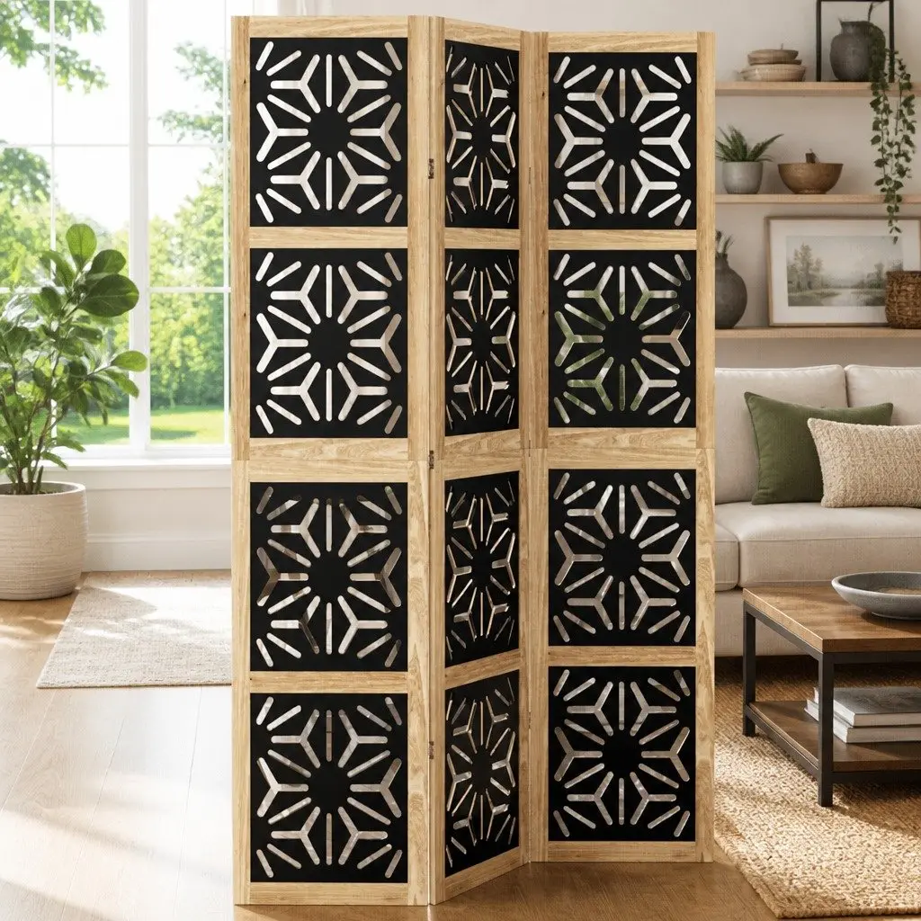 3-Panel Folding Privacy Screen with Geometric Pattern