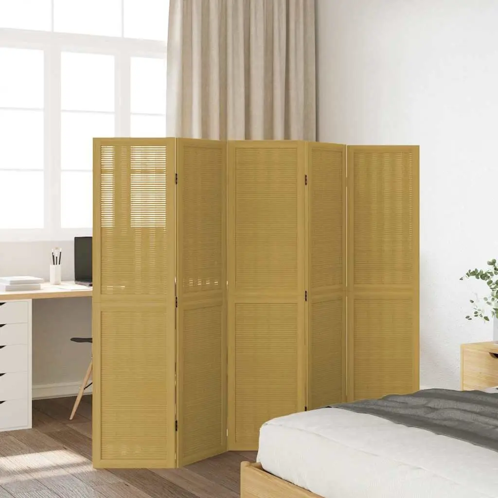 Room Divider Indoor 5 Panels Brown Paulownia Wood Folding Partition