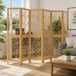 6-Panel Room Divider in Brown, Solid Paulownia Wood