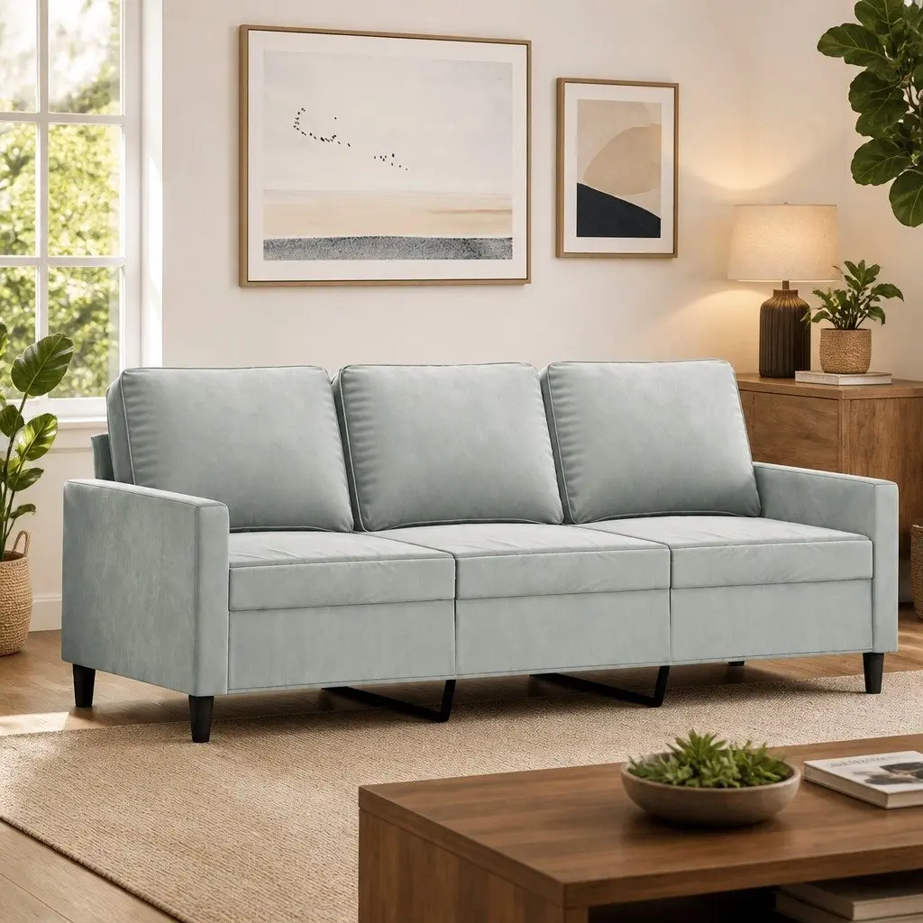 3-Seater Lounge Sofa Grey Velvet 180cm Living Room Couch Modern Design Furniture